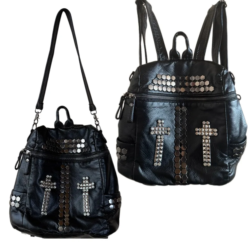 Women's Black Rock Style Personalized Shoulder Bag Original Subculture Punk Style Rivet Cross Backpack