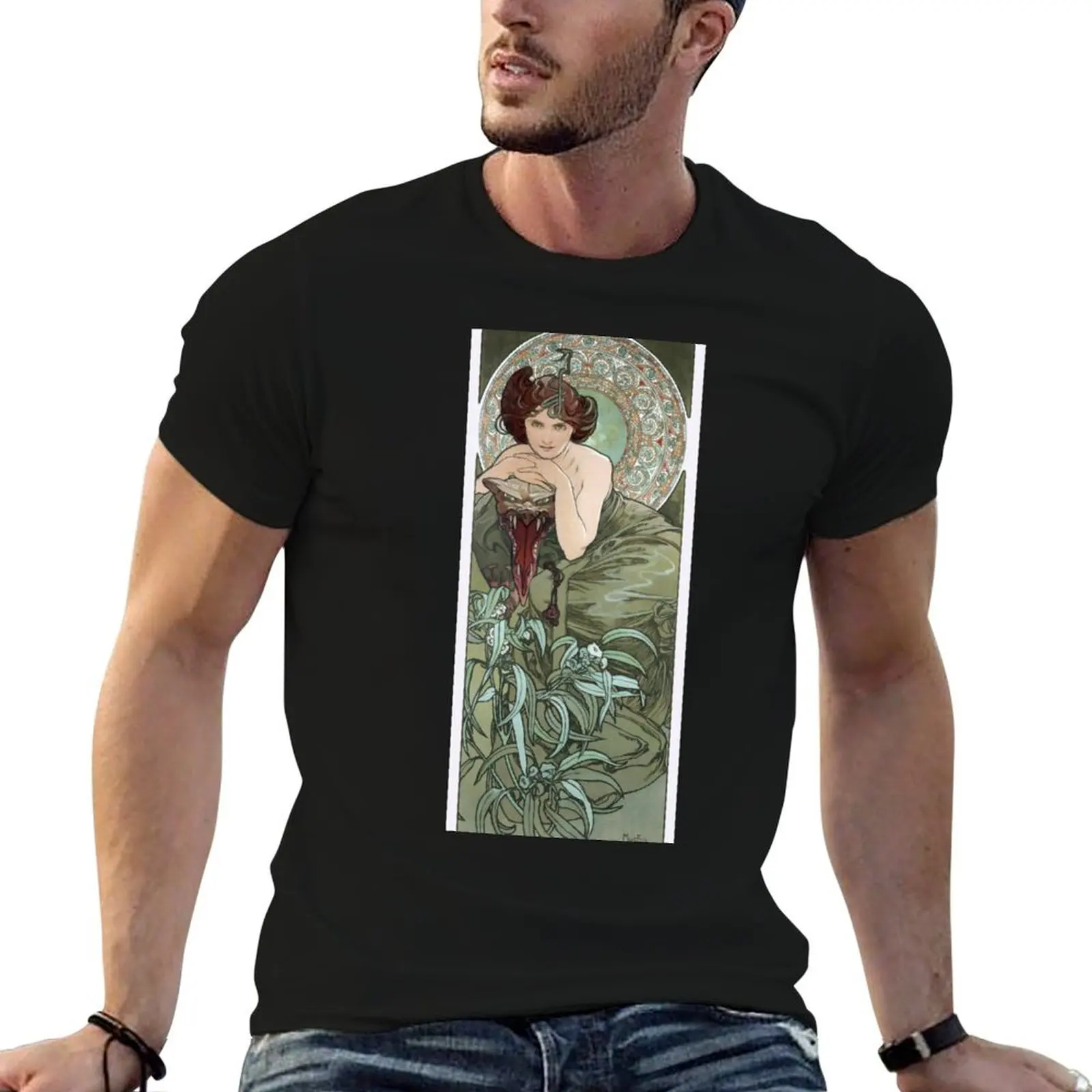 The Precious Stones: Emerald Alphonse Mucha T-Shirt Basic Solid Color Short Sleeve Cotton Top