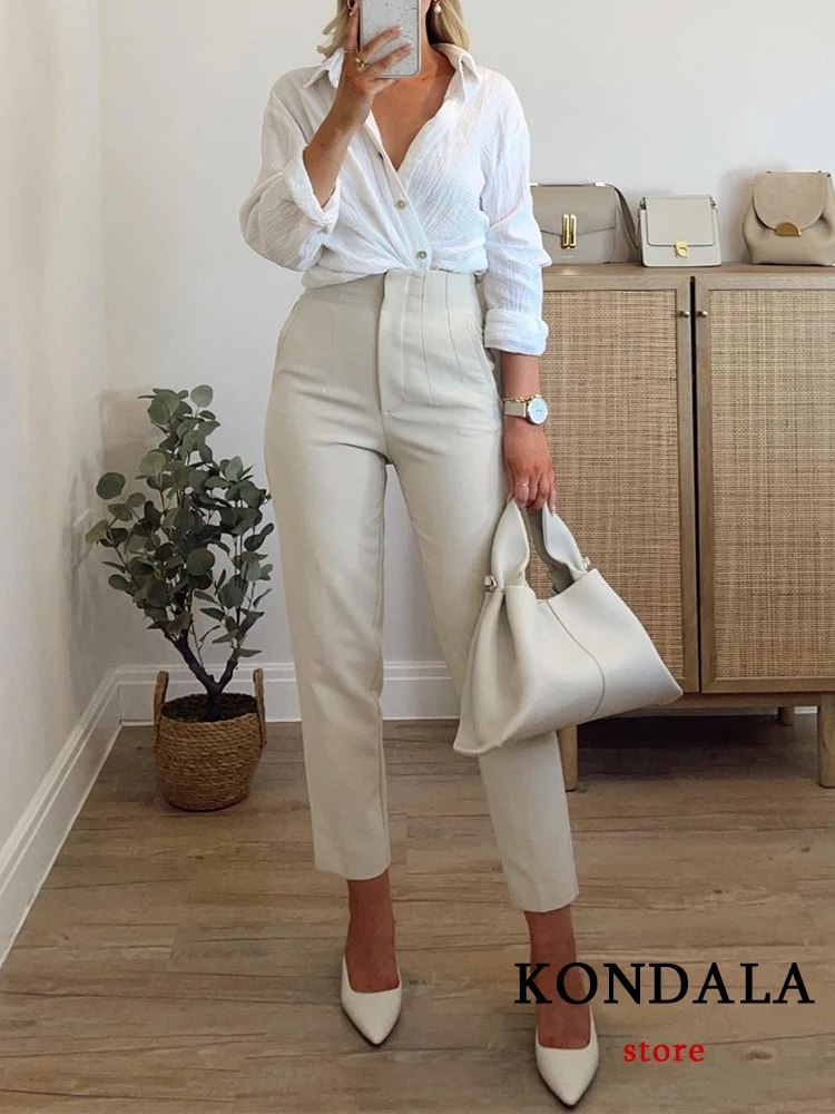 TRAFZA Women Light Blue Chic Fashion Office Wear Straight Pants Vintage High Waist Zipper Fly Female Trousers Fashion 2022