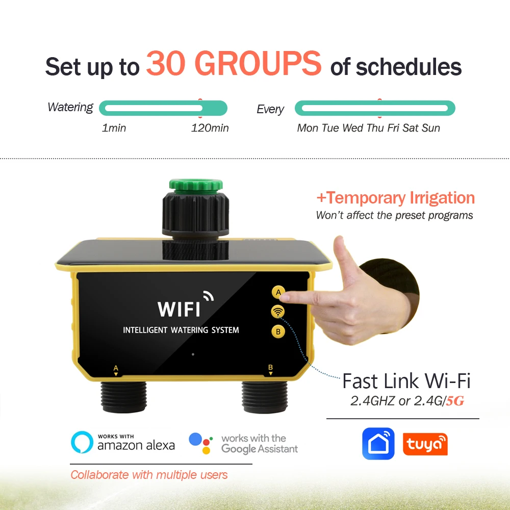 WiFi Garden Solor Water Timer 2-Way Outlets Smart Irrigation Sprinkler Controller Rain Sensor Wireless Remote Phone Control