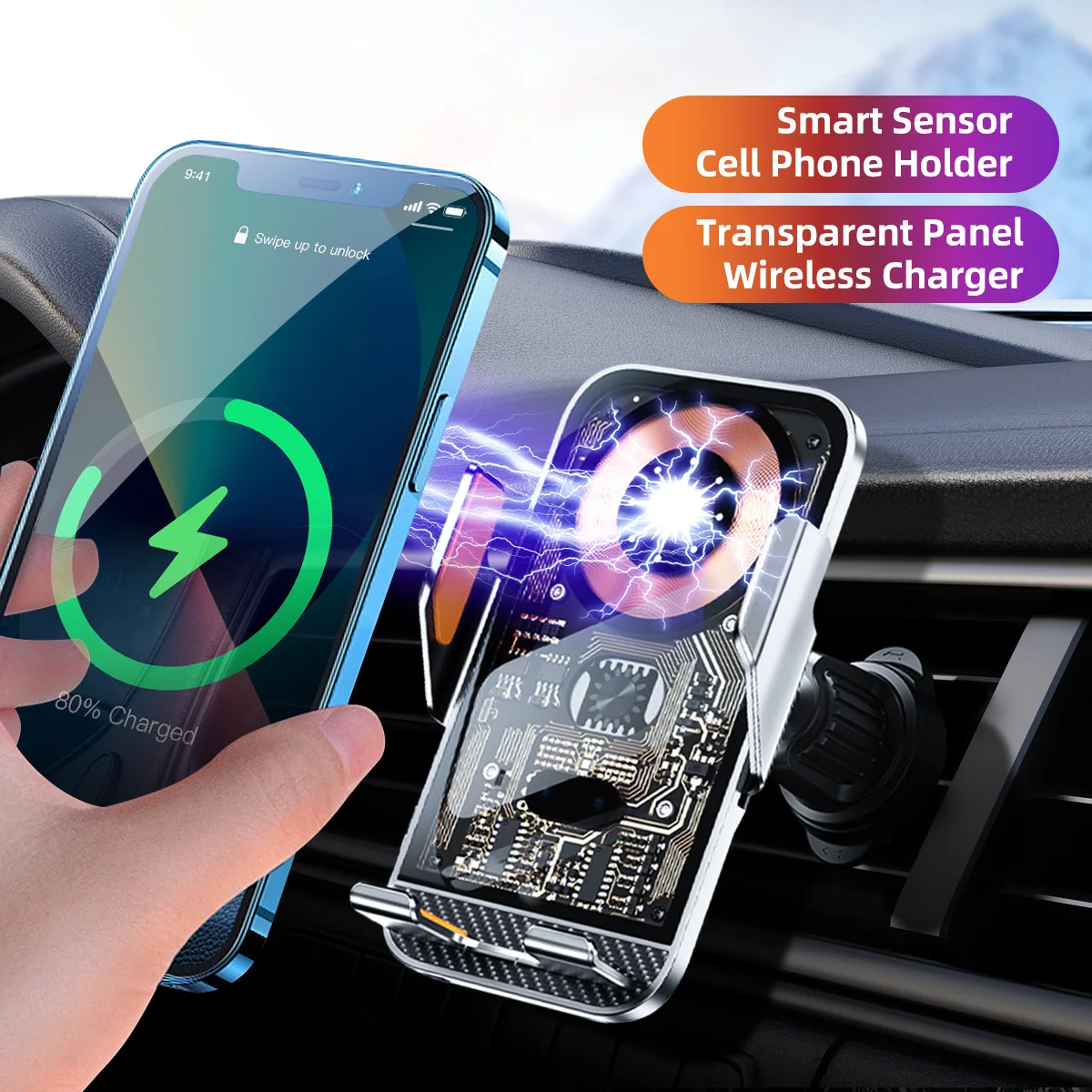 Wireless Car Charger phone Stand Transparent Auto Car Phone Holder Mount For iPhone 14 13 12 11 Samsung Fast Charging Station