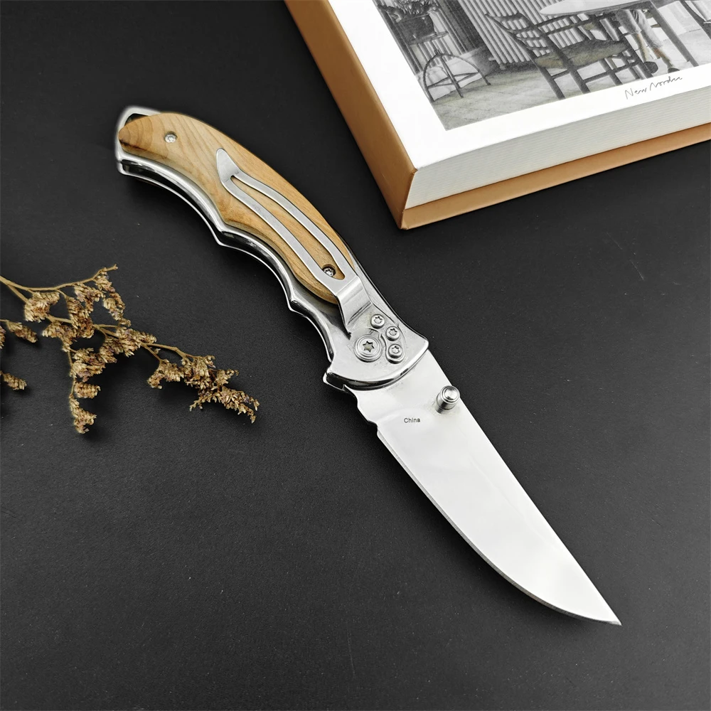 Folding Knife 440C Steel Blade Stainless Steel Inlaid White Shadow Wood Handle Hunting Fliper Knife EDC Camping Tactical Tool