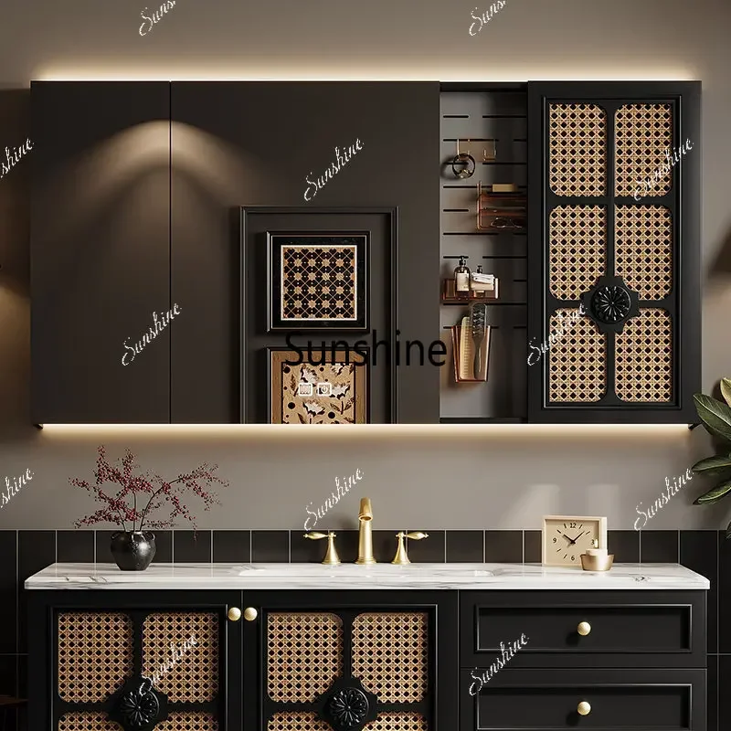 YFrench retro smart bathroom, mirror cabinet wall-mounted, anti-fog bathroom, solid wood