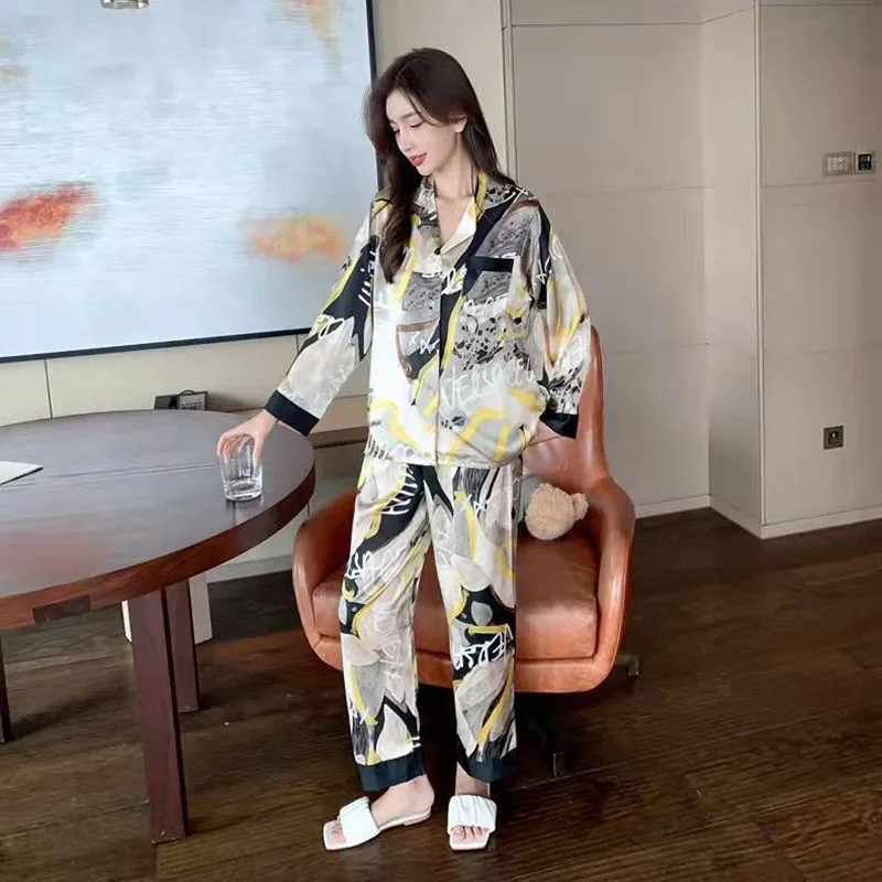 Silk Sleepwear Large Size Autumn Winter Ladies Pyjamas Long-Sleeved Suit Temperament Home Wear Outside Soft Casual Loungewear