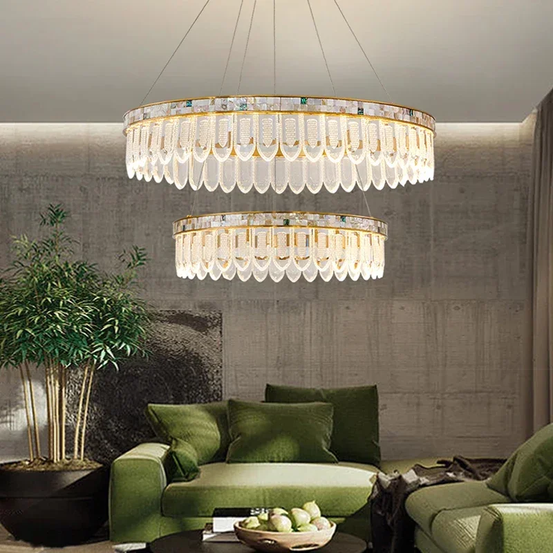 

Modern LED Glass Pendant Lights for Living Room Round LED Hanging Lamps Home Decor Ring Chandelier Lights Shell Frame Lustre