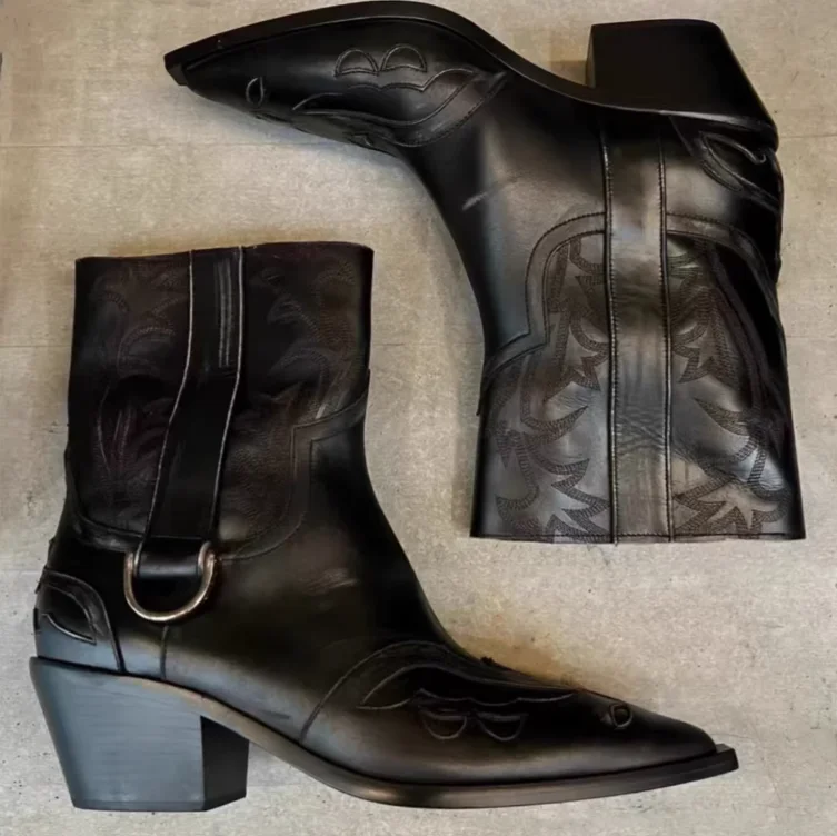 

Black Retro Carved Pointed Toe Chelsea Boots Men's Thick Heel Non-Slip Booties Luxury Designer Handmade New In Men's Boots