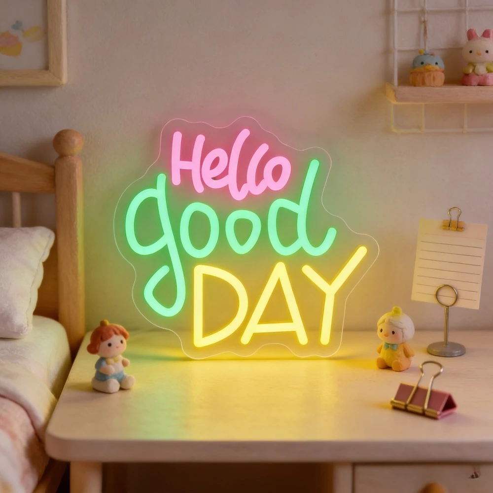 

Неоновая вывеска «Hello Good DAY» с LED-подсветкой для декора спальни и рабочего стола, вдохновляющее приветственное сообщение, создает атмосферу, освещение для дома и вечеринок