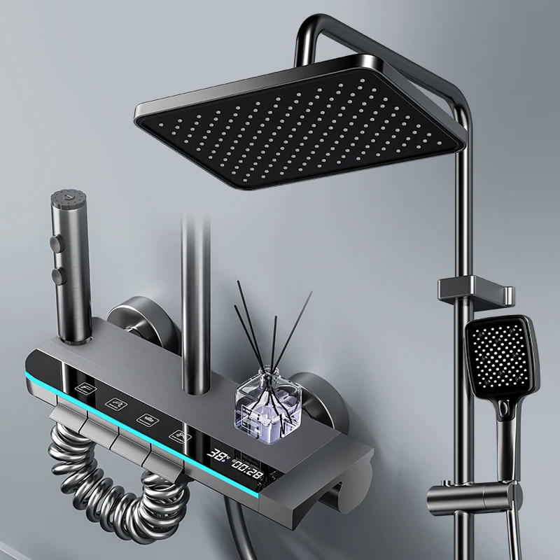 

Sophisticated Touch-Control Rainfall Shower System with Digital Interface and Shelf for Mid-Morning Rejuvenation in Stylish Bath