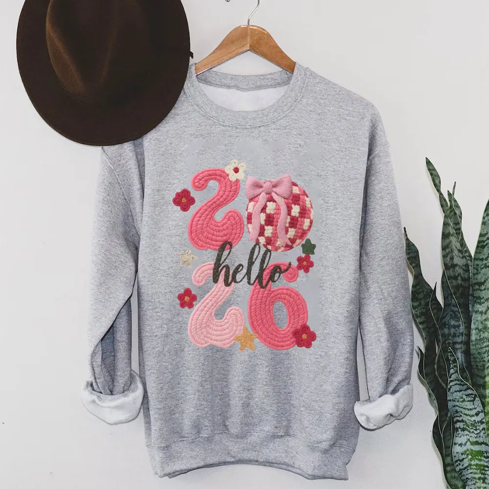 Appy Capodanno 2026 Felpe da donna maglione finto rosa all'uncinetto stampa grafica pullover da vacanza non ricamo felpe con cappuccio da donna