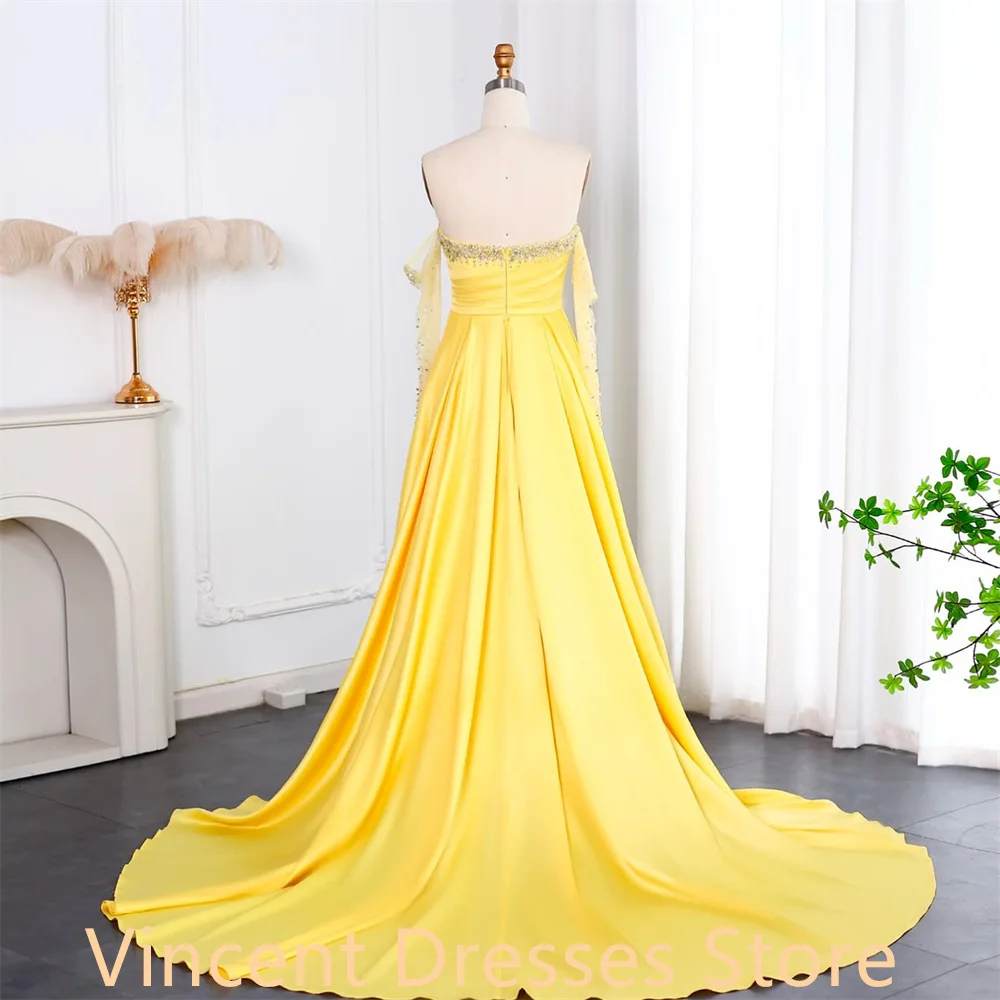 Customized Formal yellow Satin Homecoming Dress Classic Sweetheart Crystal Panel Train Ruched Mermaid Zipper Back Robe de soirée