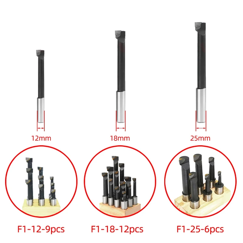 F1-12mm Bar Boring Hole Boring Bar Set Tungsten Carbide Bar Boring Head MT2 MT3 R8 BT NT Boring Bar Set Boring Device 9pcs