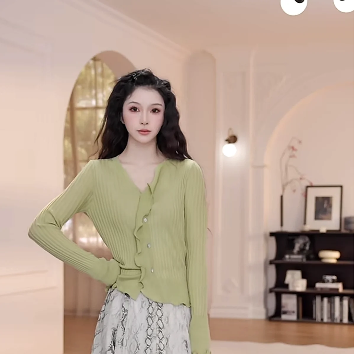 

Yanyan Summer Versatile Long Sve Knitted Top Fine Rib Hem Lace Casual Loose Fit Warm Wool Blend Ladies Faion