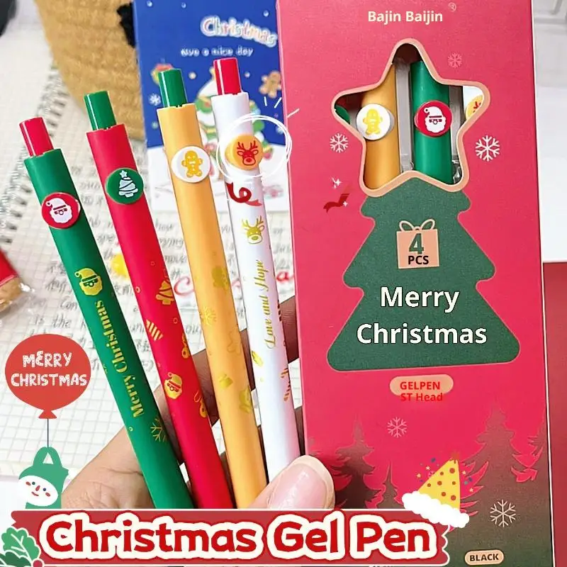 

4Pcs Christmas Decorative Button Gel Pen 0.5mm Black Ink Quick-Drying Pen For School Office Writing Tool Student Stationery Gift