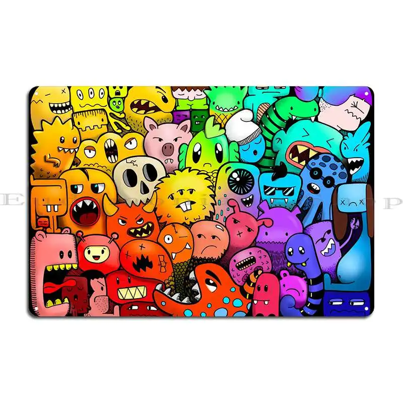 Doodle Monster Crowd Metal Plaque Wall Decor Pub Wall Plaque Personalized Club Tin Sign Poster