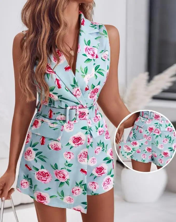 Women's Playsuits Floral Print Notched Collar Plunge V Neck Sleeveless Romer Woman Casual Slim Blazer Short Jumpsuit with Belt