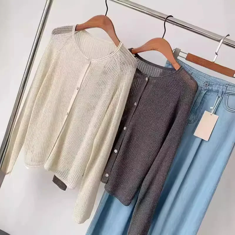 

Women Knitted Cardigan Sweaters Solid Jumpers Round Neck Long Sleeves Single Breasted Loose Fit Casual Office Lady 2026 Summer