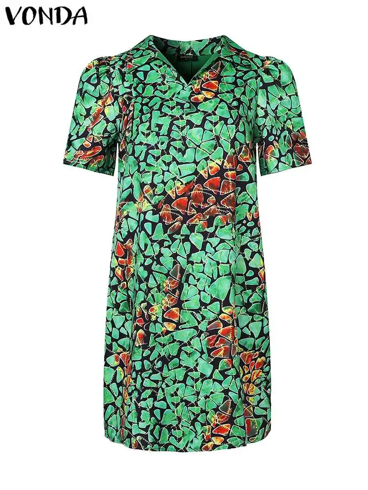 VONDA-Mini robe bohème pour femmes, manches bouffantes, imprimé floral, robe d'été courte, vintage, revers, décontracté, été, robe de plage, éducatif, 2024