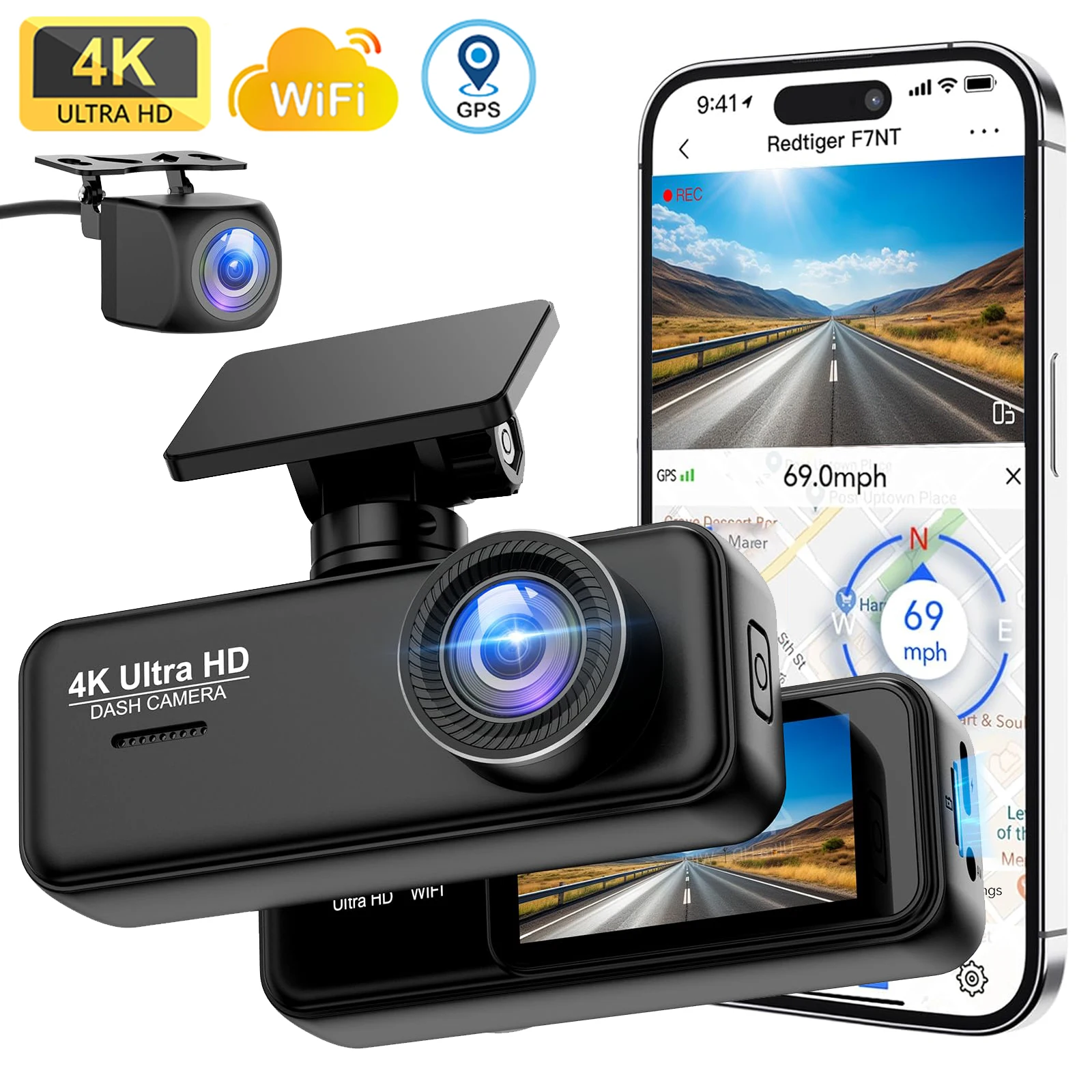 

4K видеорегистратор WIFI GPS Mini CAR DVR передний и задний видеорегистратор с двумя объективами, черный ящик, ночное видение, 24 часа, парковочный монитор