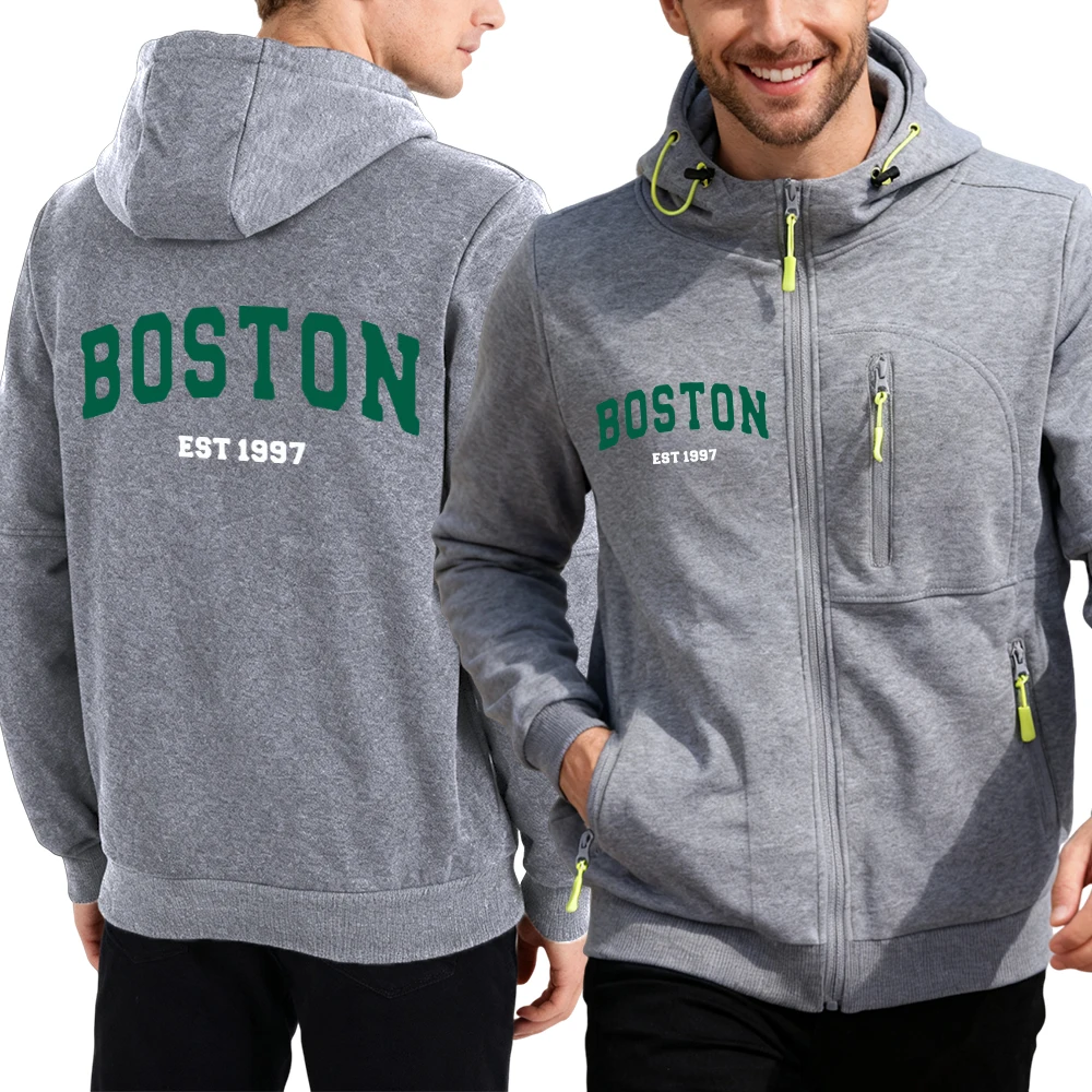 

Boston Letter Simple Print Autumn Men Zipper Hoody Fashion All-Match Streetwear Fleece Loose Clothing Hip Hop Personality Hoodie
