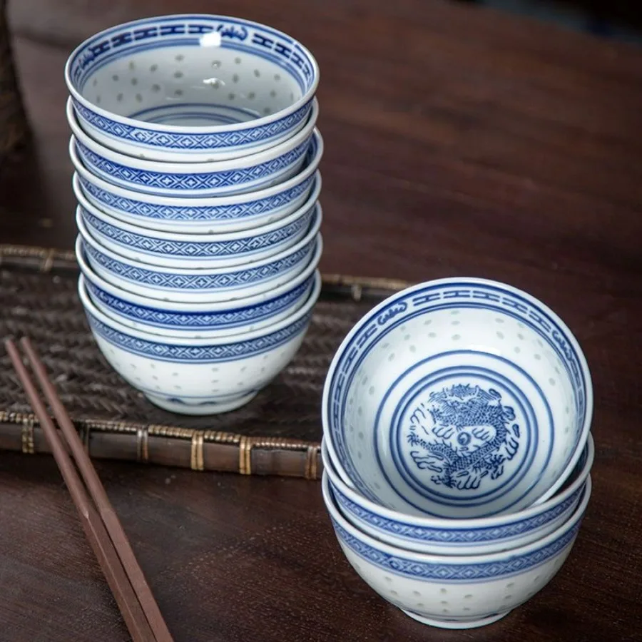 Jingdezhen Rice Bowl Blue and White Porcelain Tableware Chinese Dragon Pattern Dinnerware Ceramic Ramen Soup Bowls Food Holder