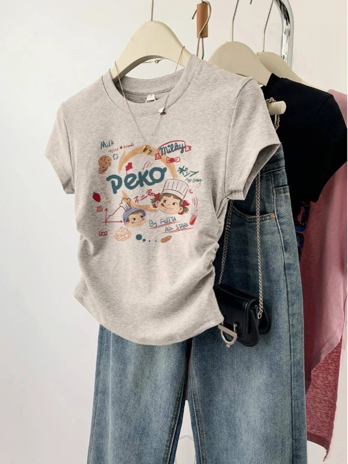 Chic Grey Short Sleeve Mom T-Shirt Women's Fashion Summer New Style Waist-Cinching Design Sense Top Korean Style Commute
