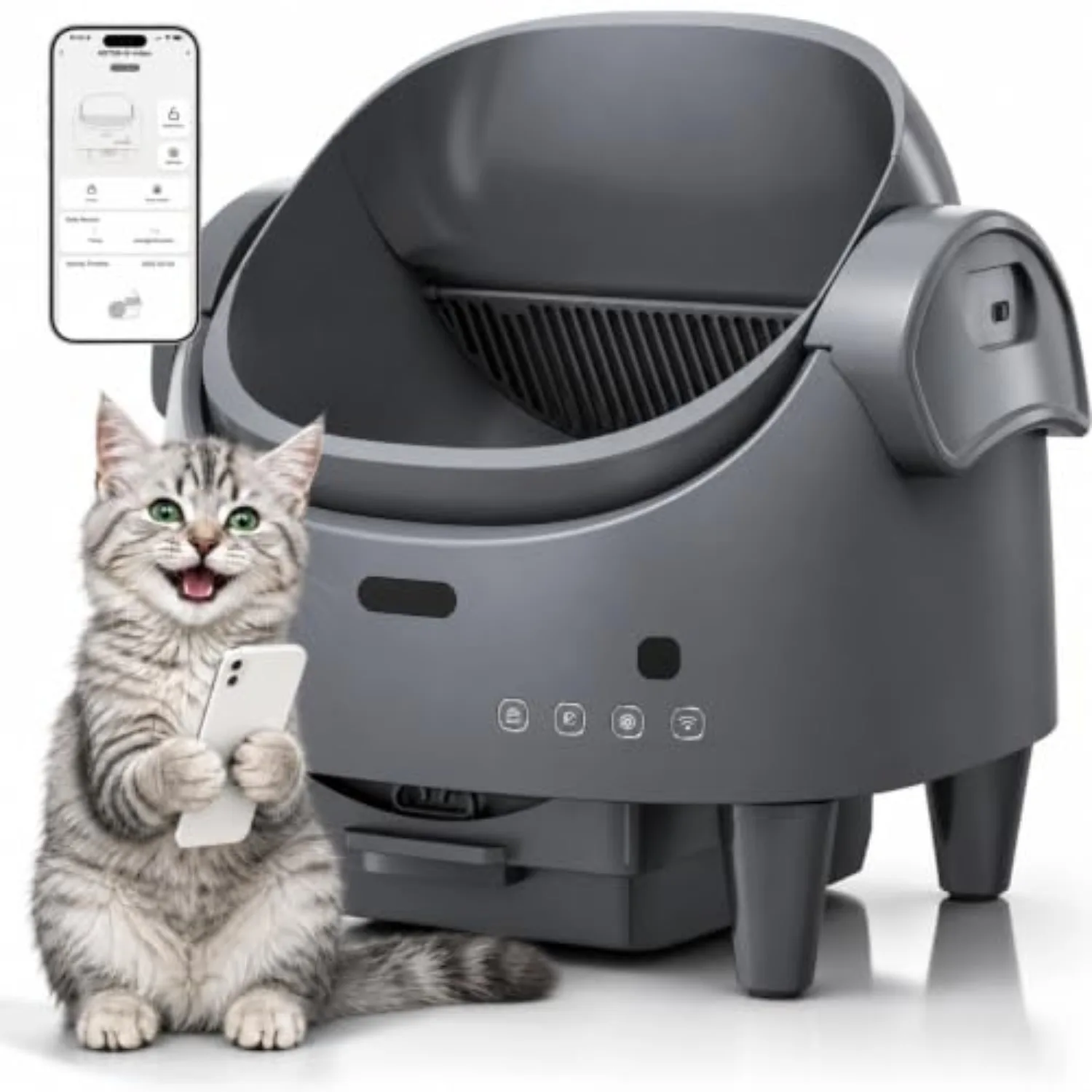 Automatic Self-Cleaning Cat Litter Box with App, Open Top, Gray | Smart with App Control,Safety Sensor System,Large