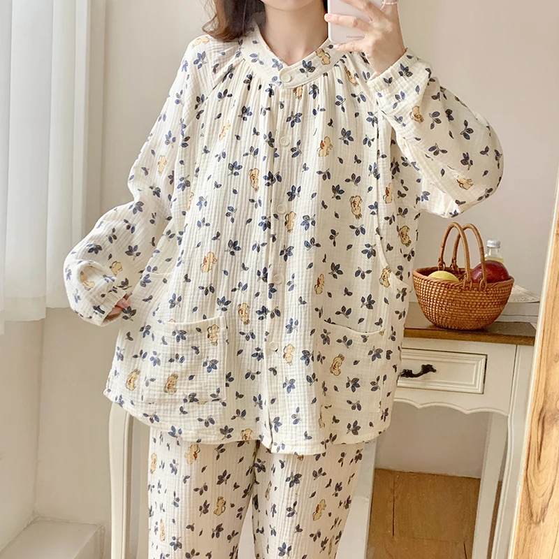 

100% Cotton Double Gauze Maternity Nursing Sleepwear Sweet Floral Print Breastfeeding Pajamas Nightwear Pregnancy Home Hospital