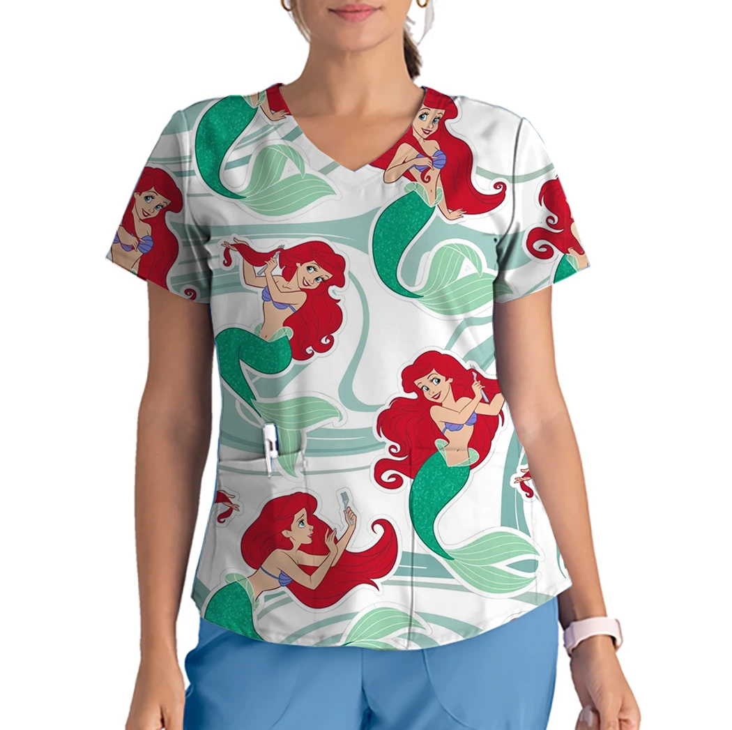 

Hospital nurse clothes Disney series princess print V-neck short-sleeved pocket scrub top casual cartoon pattern nurse nurse T-s