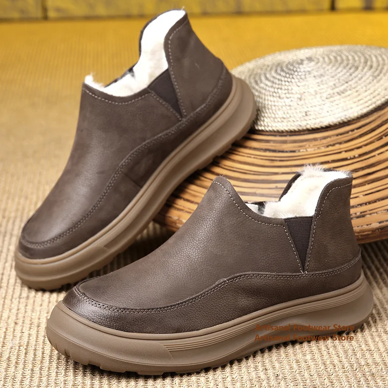 

Men's Snow Boots Winter Round Toe Cowhide Sole Men's Shoes Velvet Cotton Leather Shoes Men's Genuine Leather Snow Boots