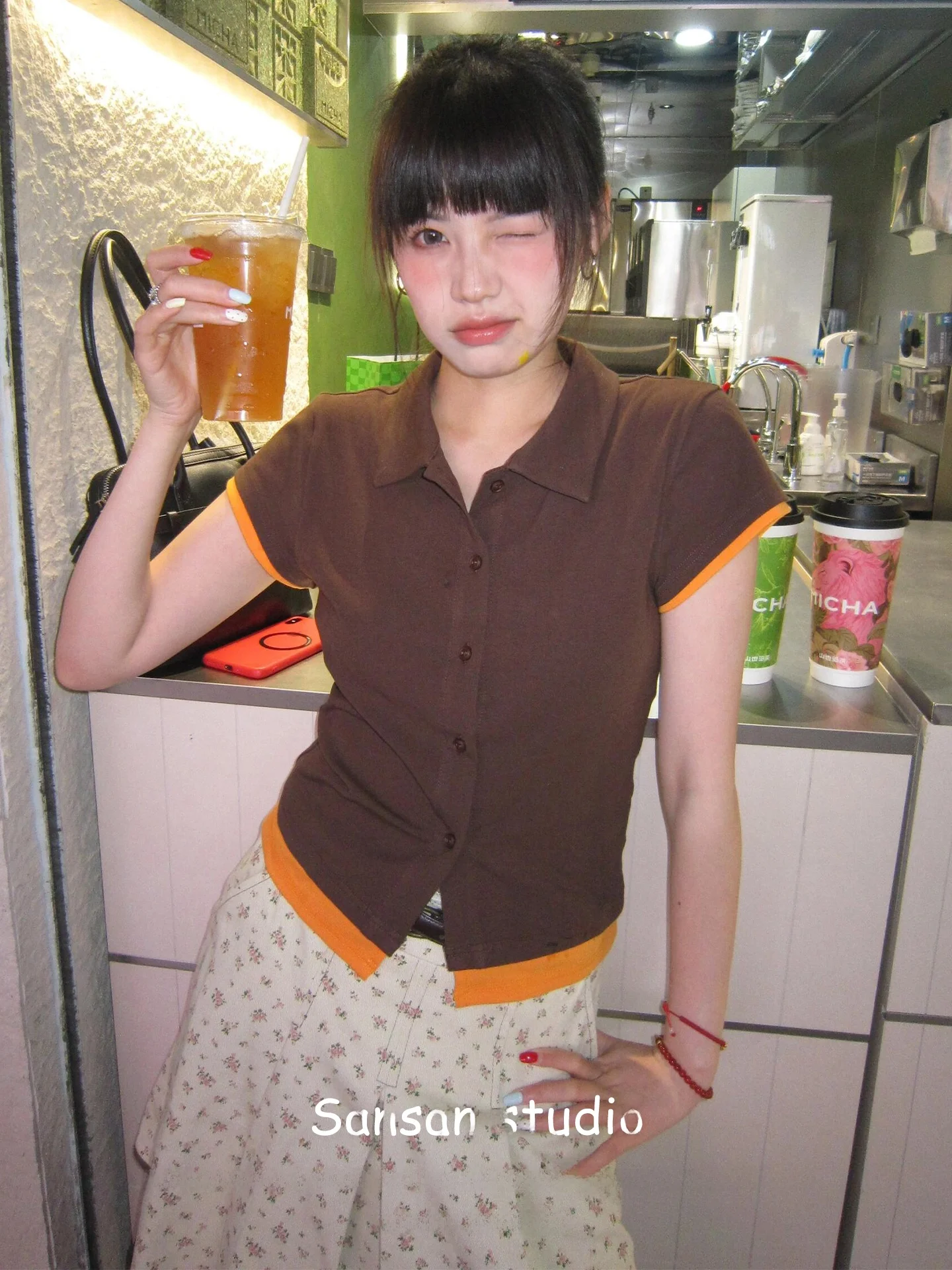 

Retro American ort Sve Collar irt Women Early Spring Matching Color Blo Slim Fit ort Length Top for Young Girls