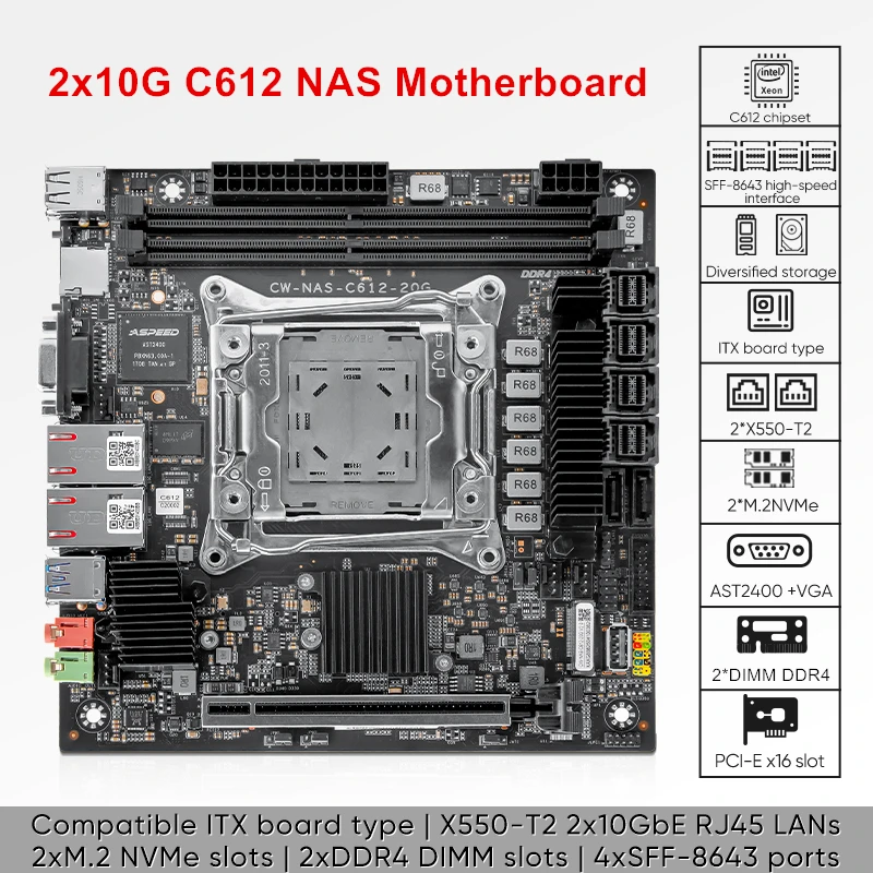 TOPTON Dual 10G NAS Motherboard C612 ITX LGA2011-3 XEON E5 V4 10xSATA 4xNVMe