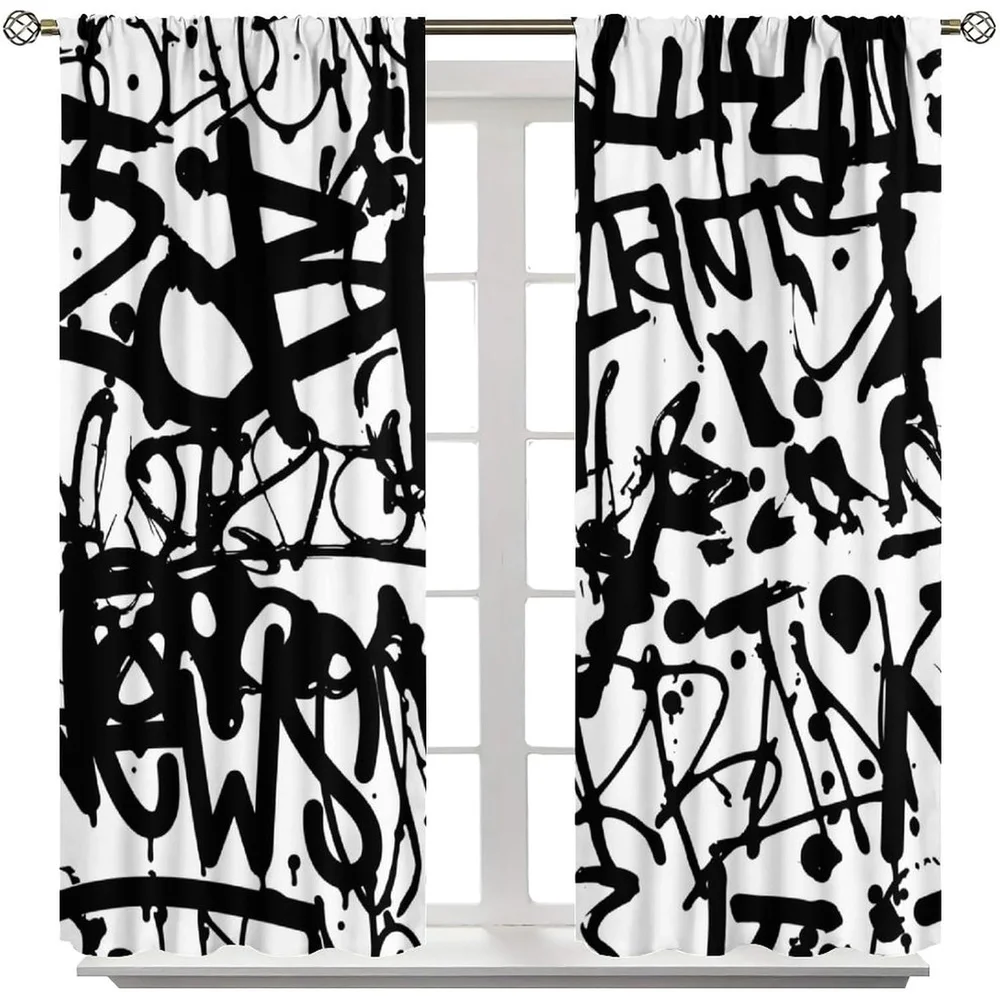 2 Panels Black & White Graffiti Curtains with Urban Street Art Design - Abstract Lettering & Dripping Paint Effect, Light Filter
