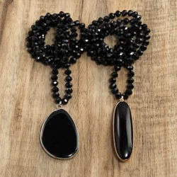 8mm Black Glass Knot Necklace Fashionable New Black Oval Agate Pendant Necklace Sweater Chain