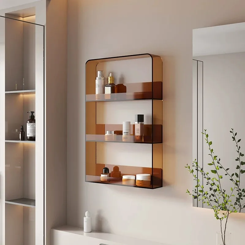 Wall Mounted Amber Acrylic Storage Shelf Bathroom Organizer Floating Cosmetic Holder Toiletries Skincare Shower Wall Decor
