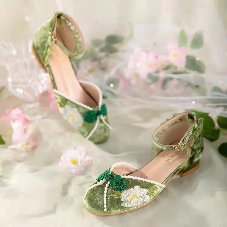 Chinese Style Luxury Women Shoes 2023 Spring Vintage Embroidered Mary Jane Shoes Elegant Green Lace-up Shoes High Heels Sandals