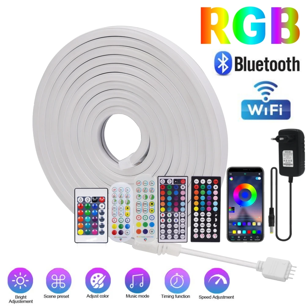 6X12MM Bluetooth WIFI APP Dimmable RGB Strip LED Neon Light Sign 12V 1M 2M 3M 5M IP65 Rope Tape Lamp Alexa Google Home Decor