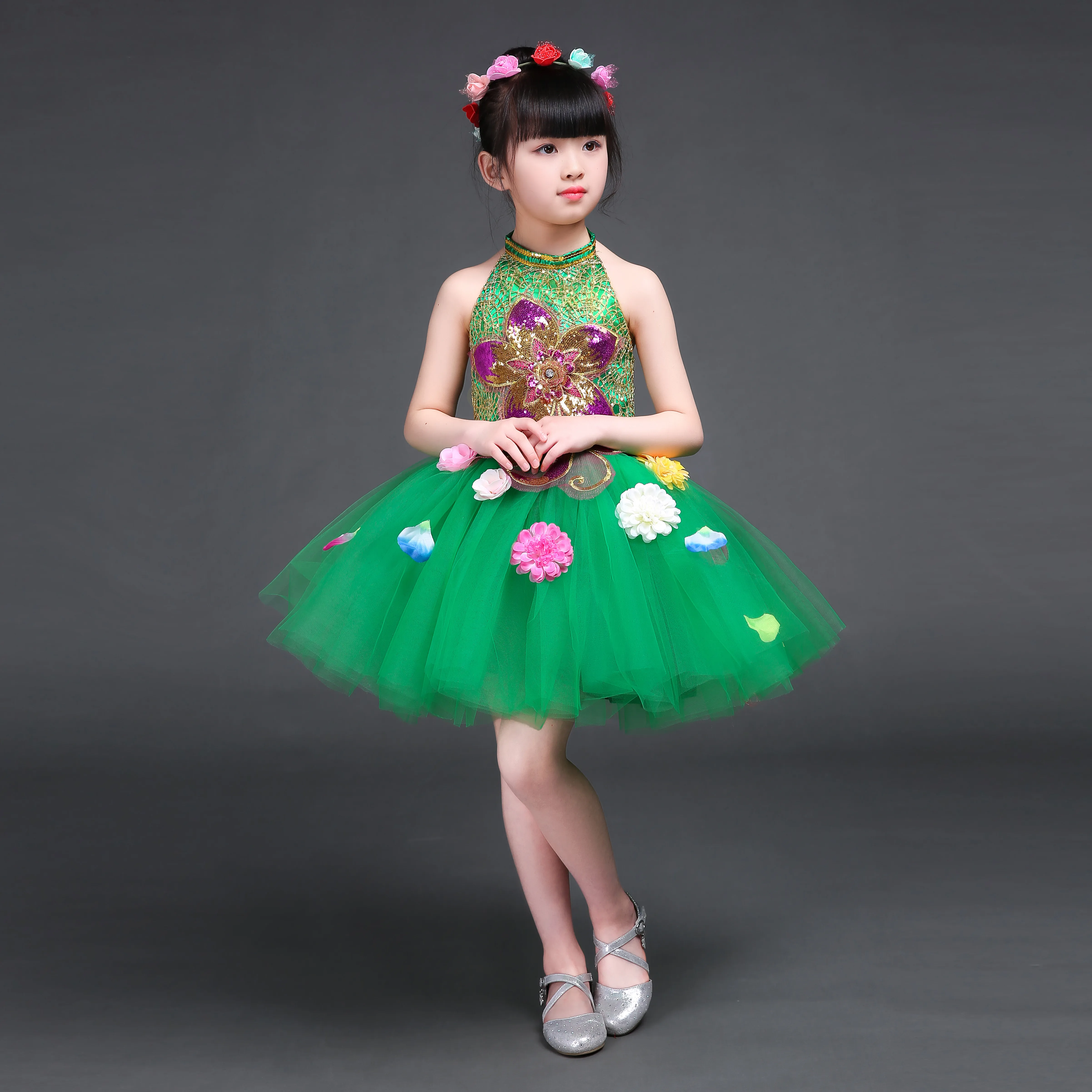 Children Sequin Green Princess Dress Girls Cute Flowers Modern Dance Dress Performance Clothes Kids Jazz Dance Costume