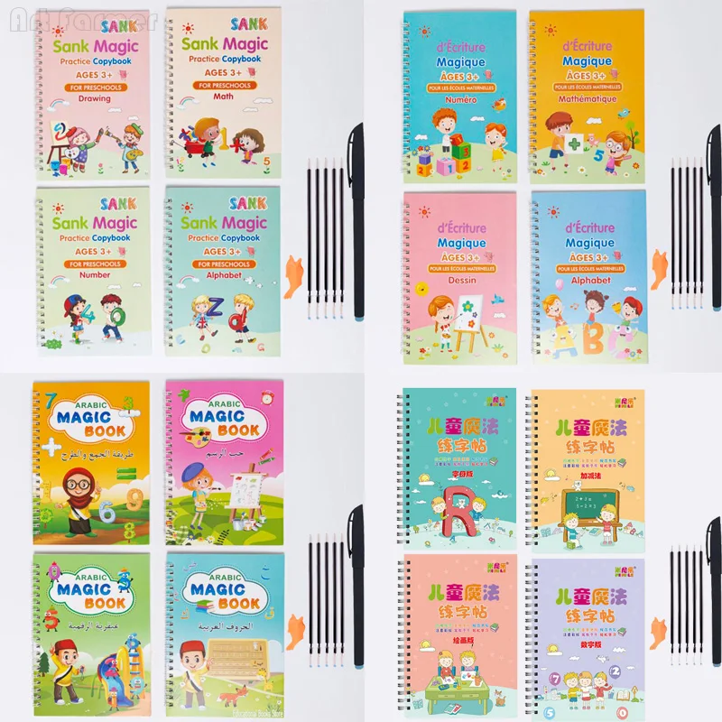 

4 Books Pen Magic Copy Book Free Wiping Children Kids Writing Sticker Practice English Copybook For Calligraphy Montessori Gift