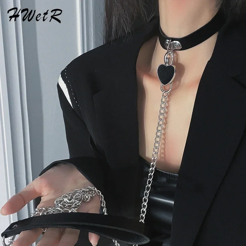 Gothic Harness Women Collar Chain Choker Sexy PU Leather Chain Pendant Collar Choker Necklace Cosplay Accessories For Couples