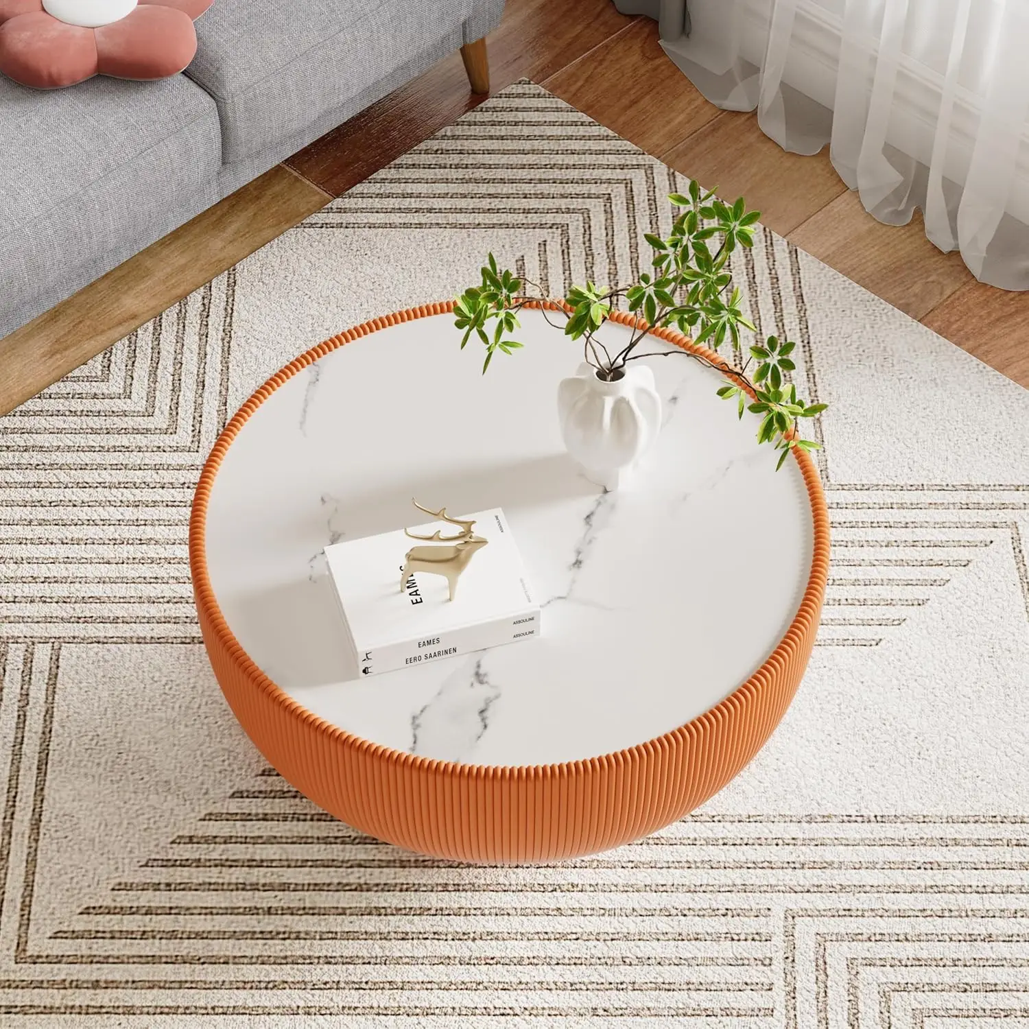29.53" Orange Round Drum Coffee Table - Sintered Stone Tabletop, Fluted PU Leather Cover & Metal Base,