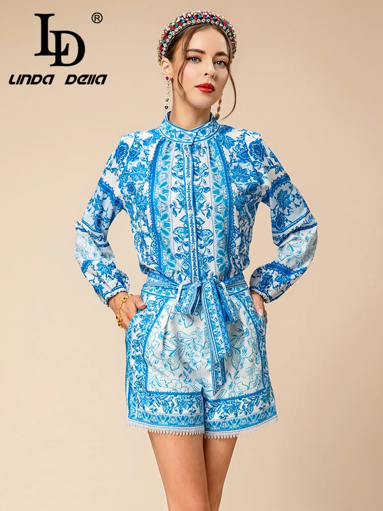 

LD LINDA DELLA Fashion Designer Set Women's Long Sleeve Blue-White Single-breasted Print Top+Frenum Slim Fit Shorts 2 Pieces Set