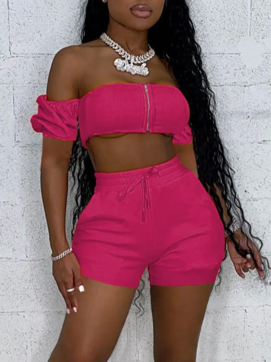 LW Off The Shoulder Crop Top Drawstring Shorts Set Women 2pcs Strapless Bandage Design Short Sleeve Solid Color Two Piece Outfit