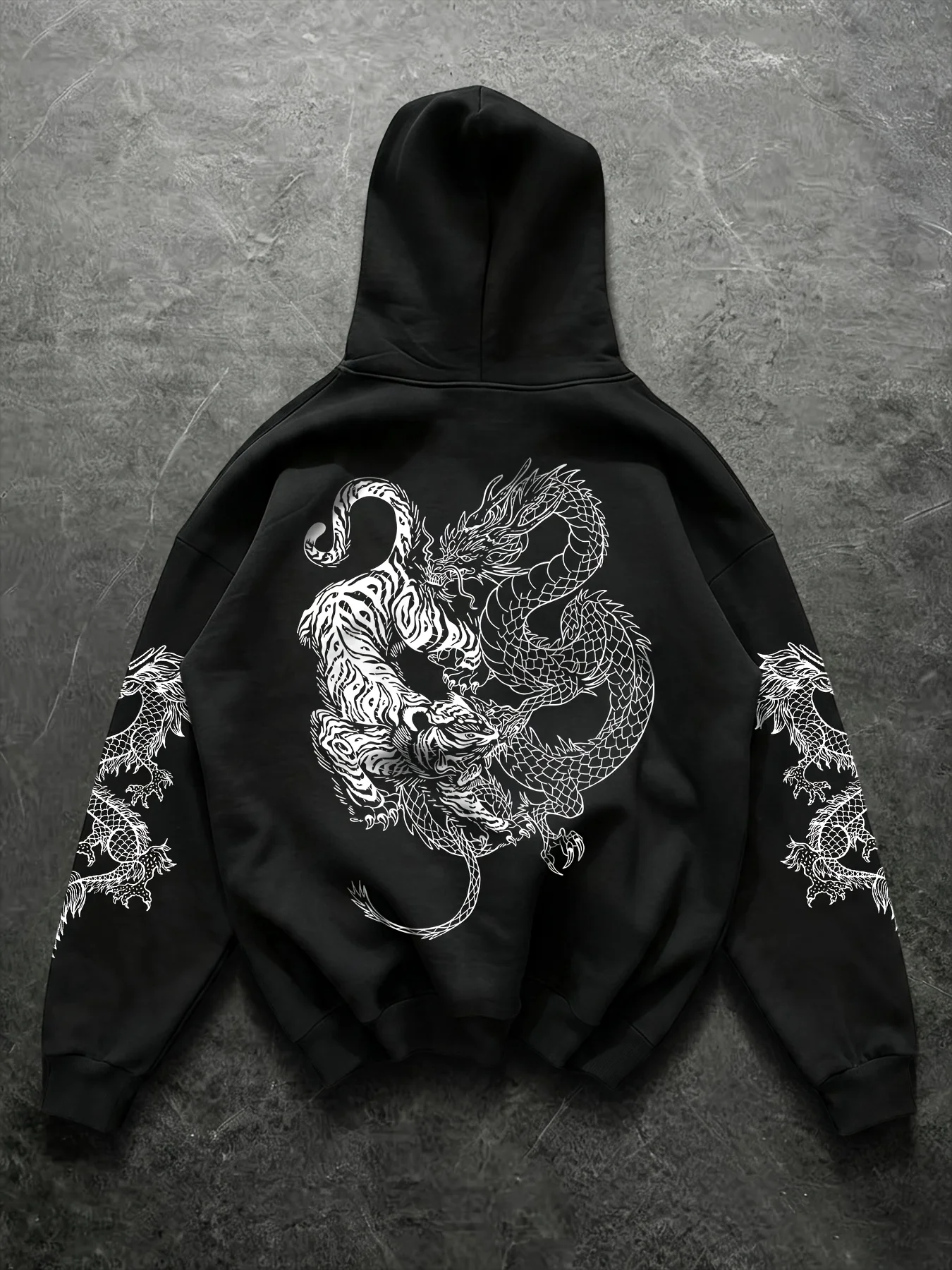 Women Loose Hooded Sweatshirt Dragon and Tiger Fight Graphic Print Long Sleeve Casual Daily Street Pullover Tops
