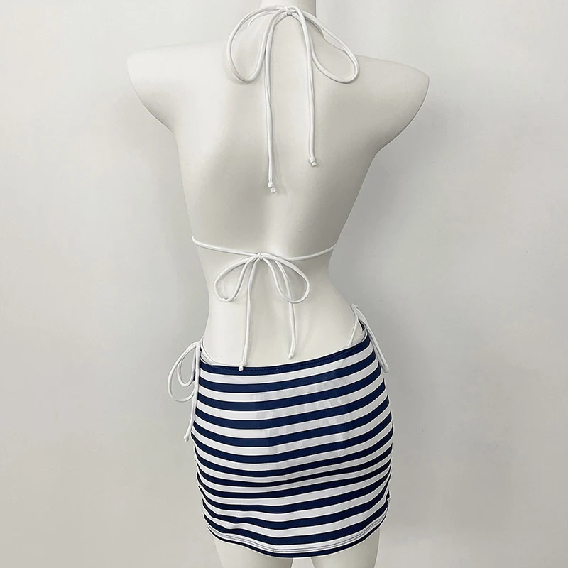 OIINAA Striped Swimsuit Women Neck-mounted Lace Up Split Swimsuit Korean Sexy Thongs Summer 2025 New Chic Cover-Ups Wrap Skirt