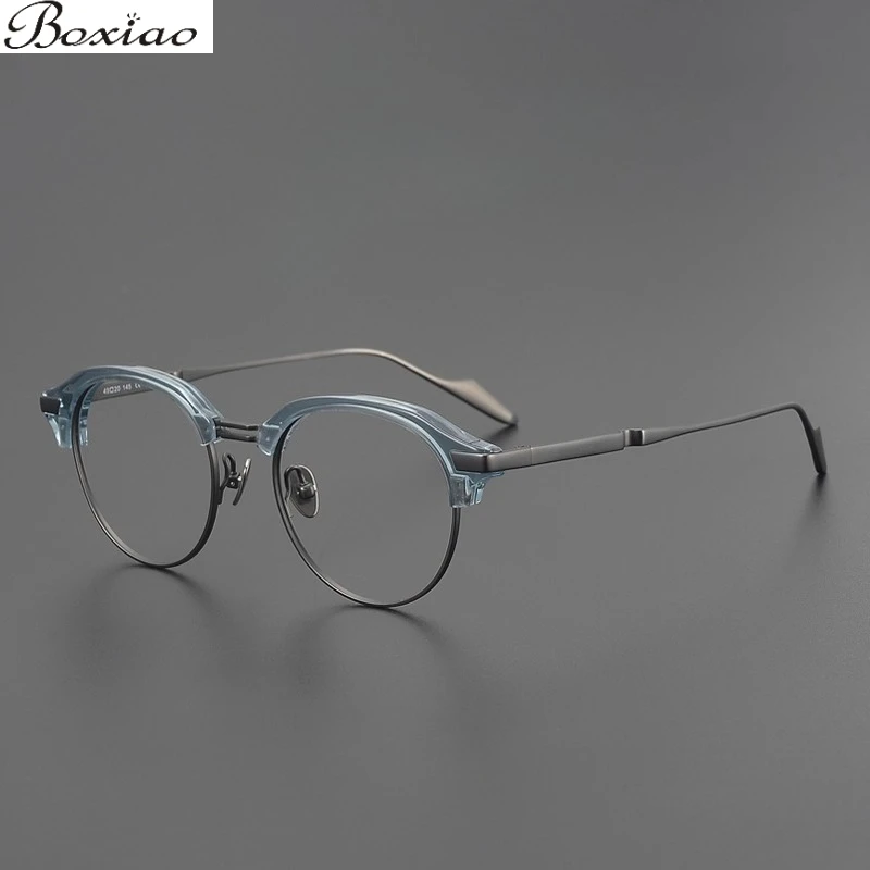 ダブルビーム超軽量純チタン女性レトロ男性潮近視丸眉ラインハーフフレームメガネ-25-新しい抗青色光