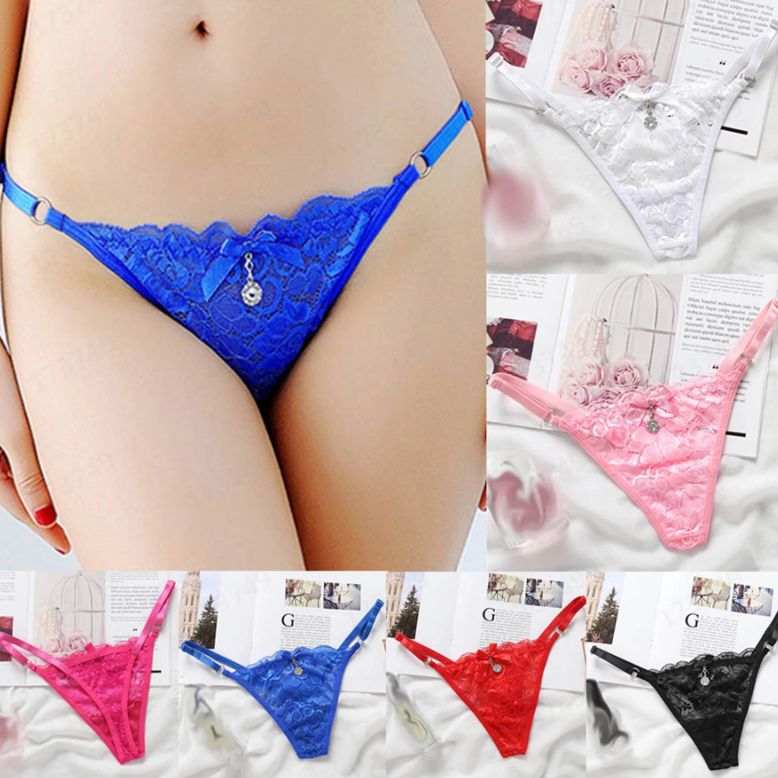 

Women Lace Panties Elegant Lace Rhinestone Decor Thong Panties Women's See-through Hollow Out Underwear Low Waist Butt-lifted