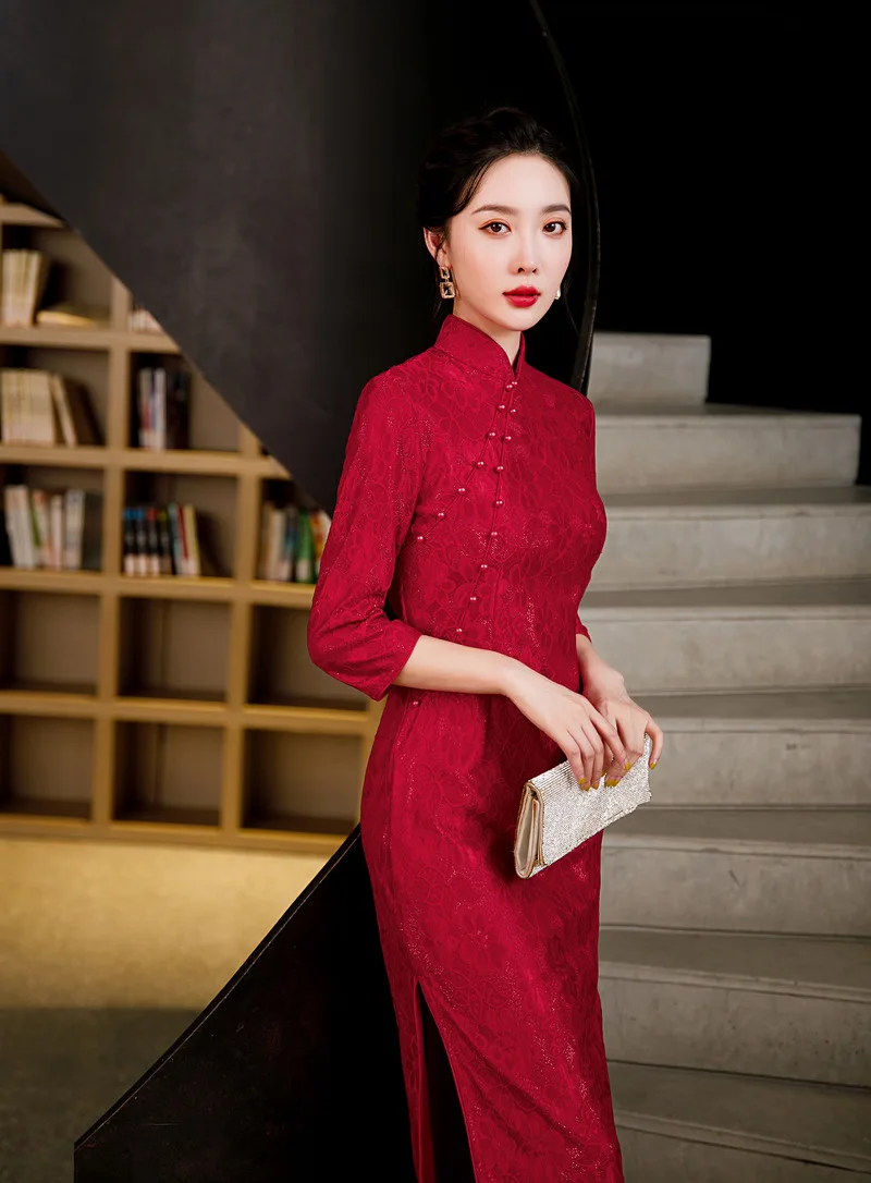 

3 Colors Women New Lace Cheongsam Improved Beads Chinese Style Vintage Dress Plus Size Wedding Costume Long Dresses M to 4XL