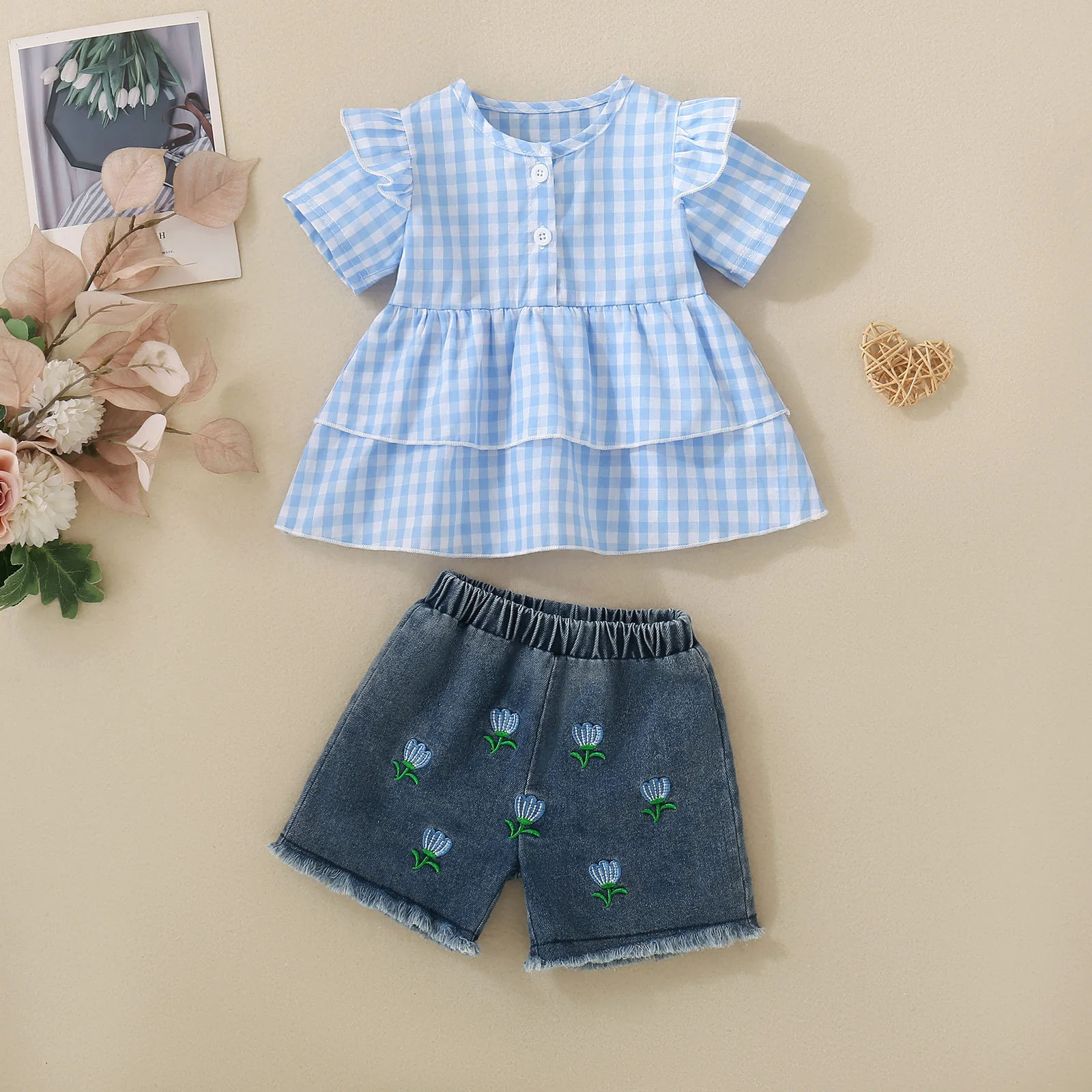 

Комплект из двух предметов для девочки: юбка в клетку и джинсовые шорты с вышивкой «Водяная лилия», небесно-голубая юбка в клетку для младенцев