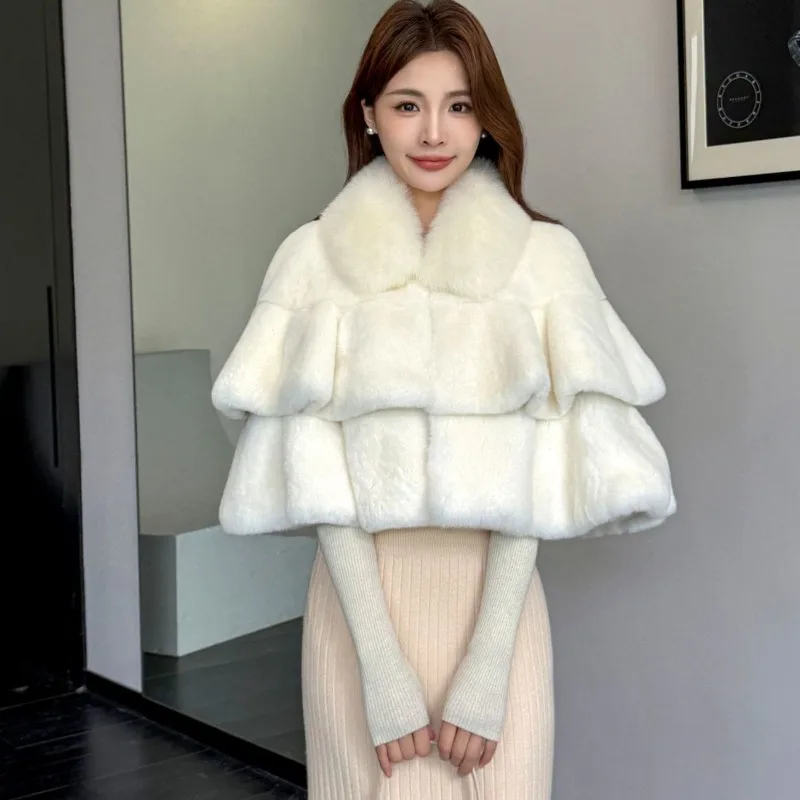 High-end Lapel Faux Fur Layered Capes White Solid Furry Jacket Fluffy Leopard Print Warm Thick Elegant Plush Ponchos Faux Rabbit
