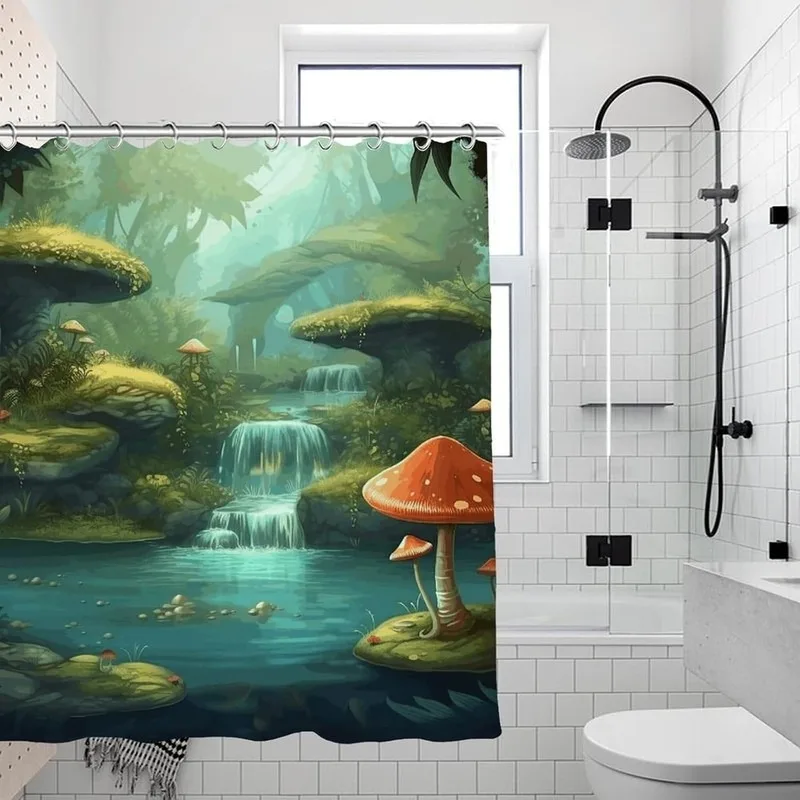 Fantasy Forest Stream Red Mushroom Waterfall Shower Curtain No Drilling Bathroom Curtain with 12 Hooks Nature Scene
